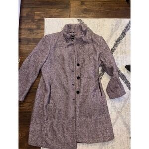 DKNY Women Herringbone Wool Blend Coat Purple Black Collar Button Front